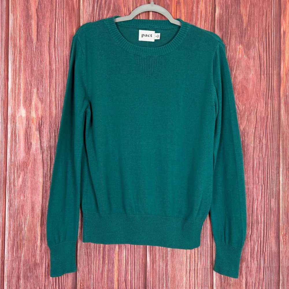 Pact Organic Cotton Crewneck Sweater Emerald Green Ribbed Knit Large